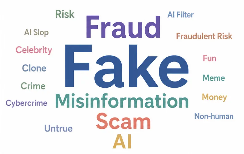 A word cloud centered on the word "Fake" in large, bold blue font, surrounded by other prominent terms including "Fraud," "Misinformation," "Scam," and "AI." Smaller keywords scattered throughout the cloud include "Risk," "Cybercrime," "Celebrity," "Clone," "Money," and "Non-Human." The visual represents the common associations and negative sentiments