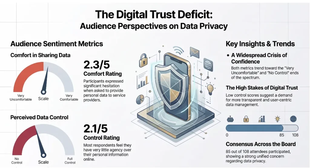 An infographic titled "The Digital Trust Deficit" featuring two gauge-style meters. The top meter shows an audience comfort rating of 2.3 out of 5 for sharing data, leaning toward "Very Uncomfortable." The bottom meter shows a 2.1 out of 5 rating for perceived data control, leaning toward "No Control." A central graphic depicts a smartphone protected by a digital shield, emphasizing the demand for more transparent and user-centric data management.