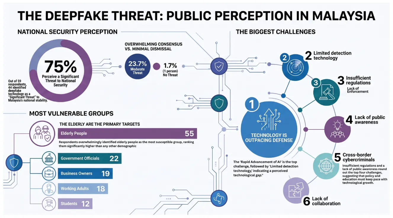 A modern infographic titled "The Deepfake Threat: Public Perception in Malaysia" summarizing survey findings on digital security. Key data points include: 75% of respondents perceive deepfakes as a significant threat to national security; elderly people are identified as the primary target for scams (scoring 55 compared to 22 for government officials); and "Technology is Outpacing Defense" is cited as the biggest challenge, driven by the rapid advancement of AI and limited detection technology