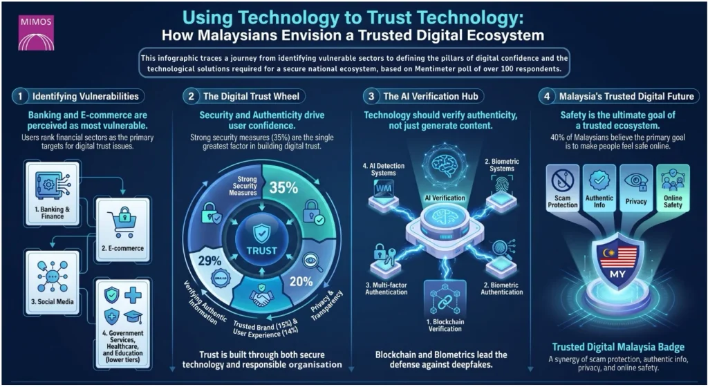 A detailed infographic titled "Using Technology to Trust Technology" illustrating a four-step journey toward a trusted digital ecosystem in Malaysia. It highlights: 1. Banking and E-commerce as the most vulnerable sectors; 2. A "Digital Trust Wheel" where strong security measures (35%) and verifying authentic information (29%) drive confidence; 3. An "AI Verification Hub" featuring blockchain and biometrics; and 4. A final "Trusted Digital Malaysia Badge" representing the synergy of scam protection, authentic info, privacy, and online safety.