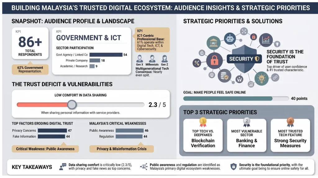 A dashboard-style infographic summarizing survey data from over 86 professionals, primarily from the Government and ICT sectors (62%). It displays a "Trust Deficit" with a low data-sharing comfort rating of 2.3 out of 5. The top three strategic priorities identified are Blockchain Verification for deepfake defense, securing the Banking and Finance sector, and implementing strong security measures as the foundation of trust.